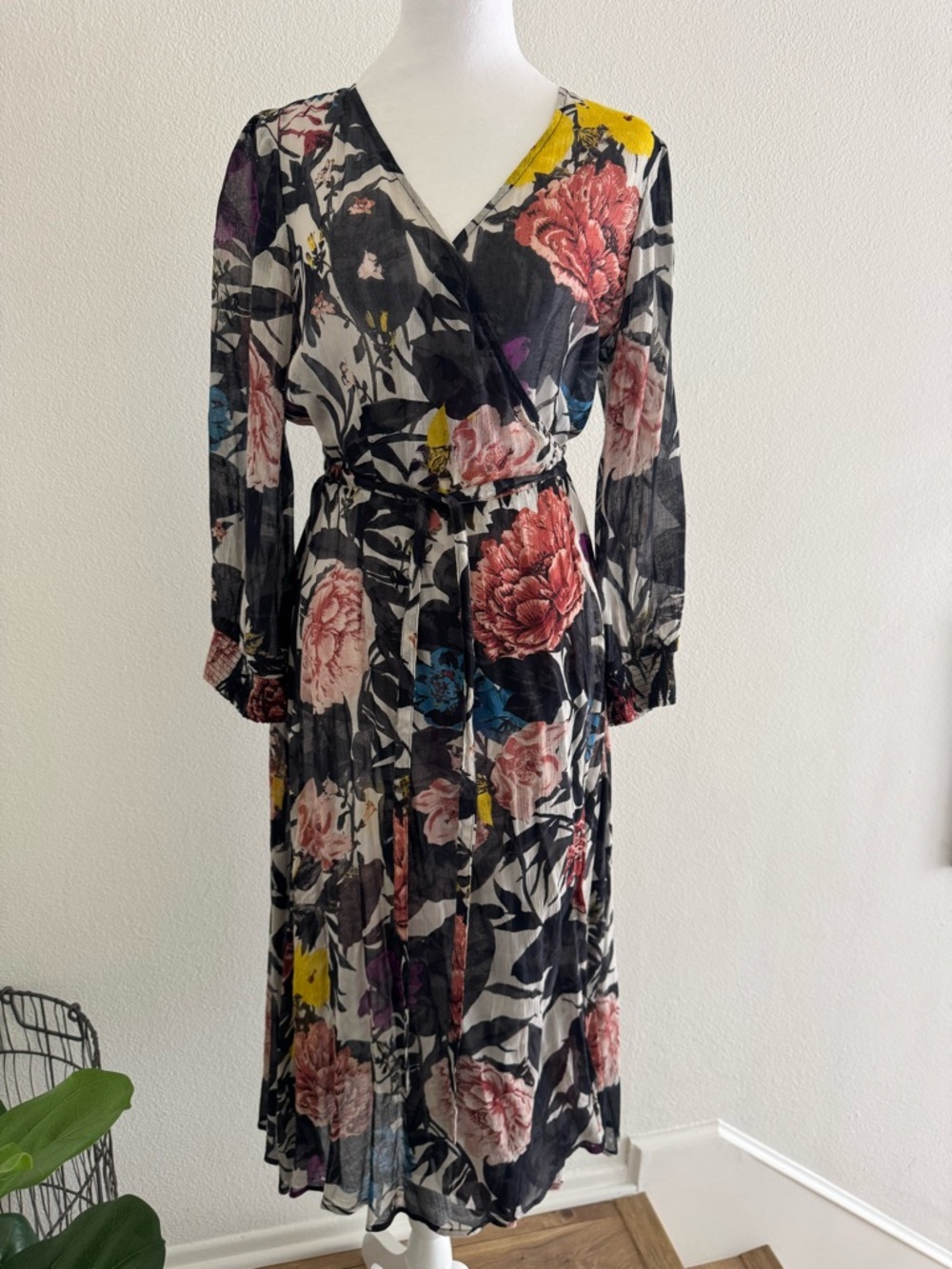 Lucky Brand Black Floral Wrap Midi Dress with Pink, Yellow & Blue Accents